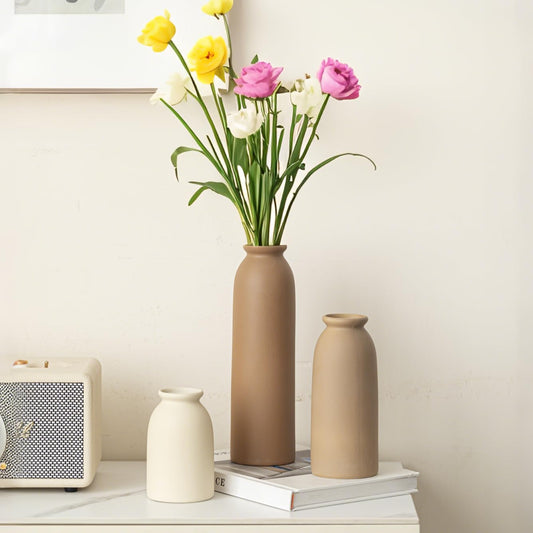 10.4 inches Tall Decorative Ceramic Vase Set, 3 Pieces, Nordic Modern Boho Style, White, Modern Farmhouse for Home Decor (Coffee Mix)