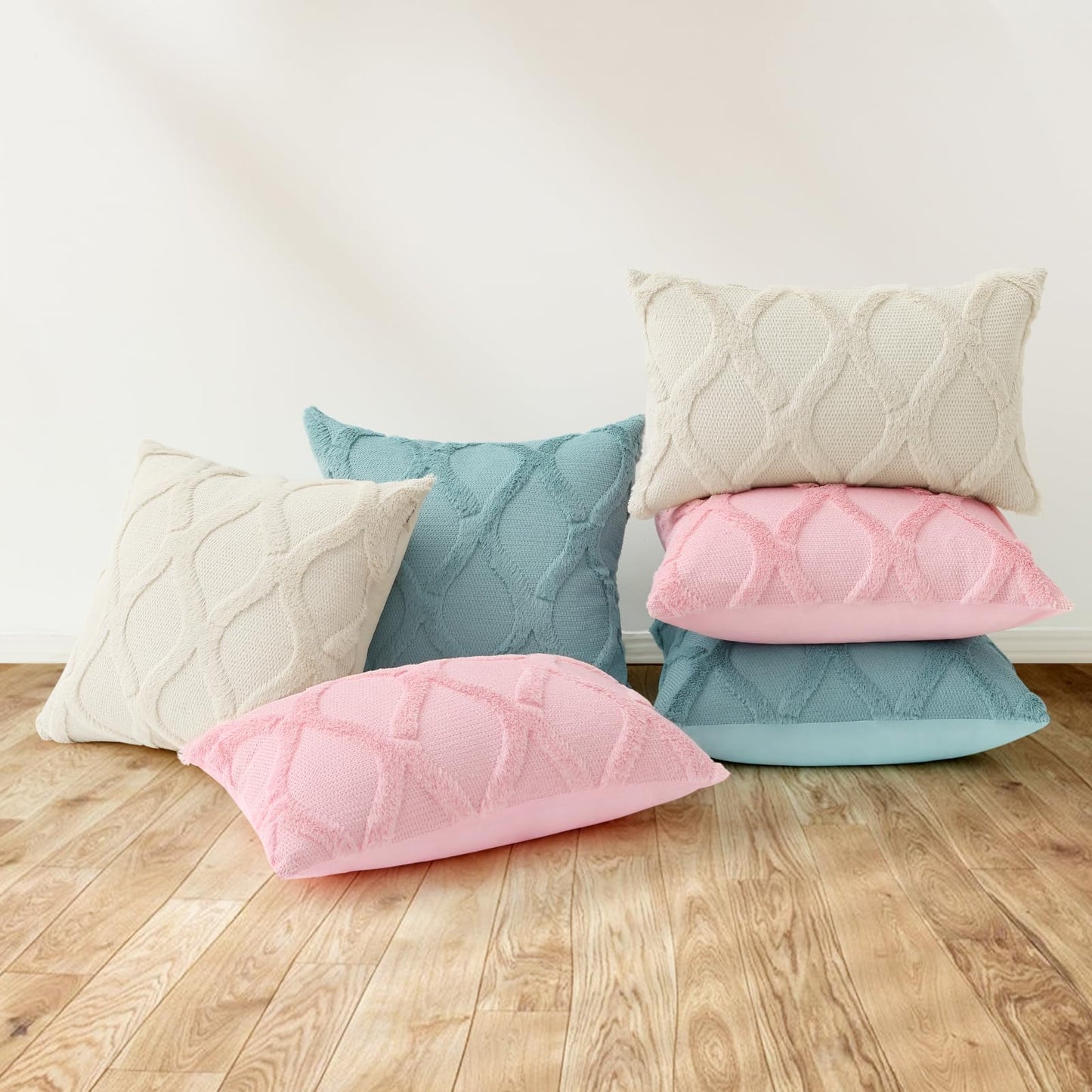 Summer Throw Pillow Covers 18x18 Inch Set of 2, Soft Plush Faux Fur Wool Aqua Accent Couch Pillow Covers for Modern Farmhouse Bed Sofa Living Room