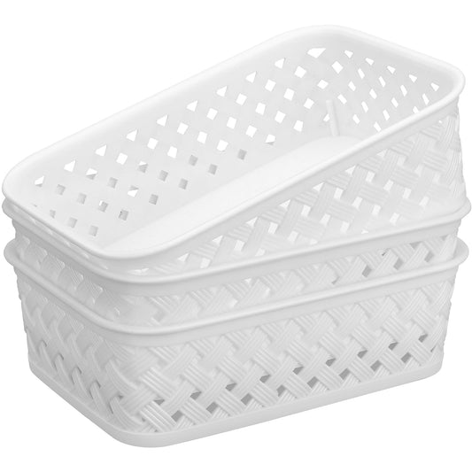MaxGear Organization and Storage 3 Packs Plastic Storage Bins Organizer Bins Woven Baskets for Storage Plastic Baskets with Handles Storage Baskets for Organizing Basket Organizer Small White