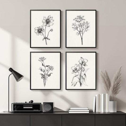 Framed Black and White Floral Wall Art Set of 4 Piece Vintage Rustic Botanical Canvas Paintings Artwork for Walls Minimalist Flower Art Prints Pictures for Living Room Bedroom Kitchen Bathroom Wall Decor 11x14 Inch