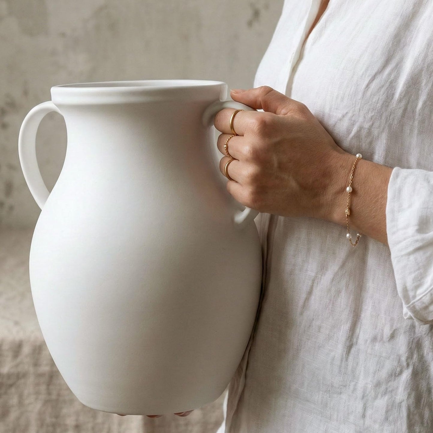 Matte White Ceramic Vase - Jug Vase with Handles - Farmhouse Nordic Style Vase for Dried Fresh Flowers Home Decor-10.24''dx10''h