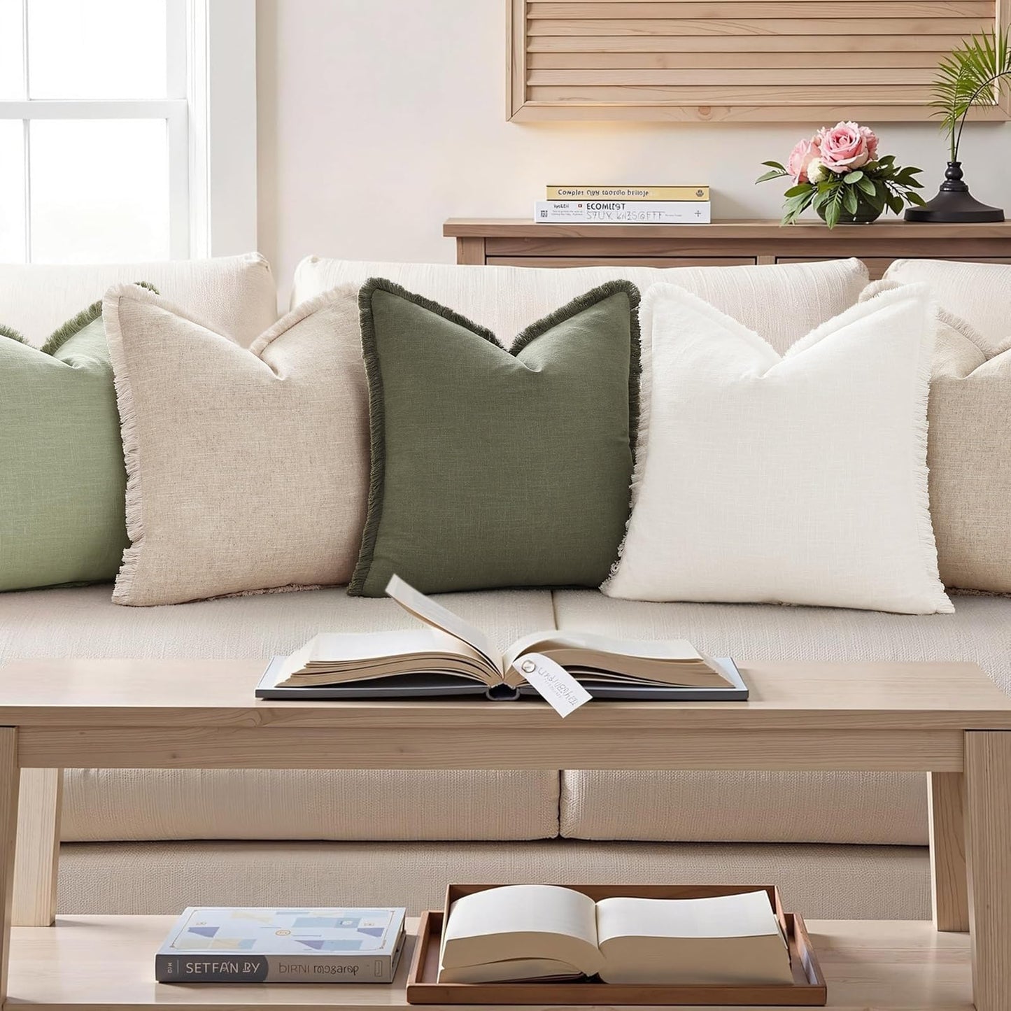 Summer Decorative Neutral Linen Fringe Throw Pillow Covers Set of 2 Sage Green Pillow Covers with Tassels Soft Farmhouse Boho Accent Pillow Cases for Couch Bed Sofa 18x18 Inch