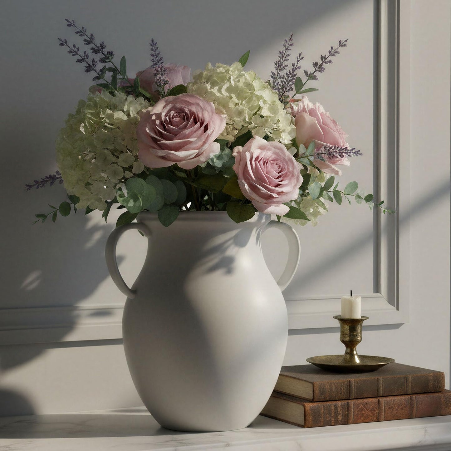 Matte White Ceramic Vase - Jug Vase with Handles - Farmhouse Nordic Style Vase for Dried Fresh Flowers Home Decor-10.24''dx10''h