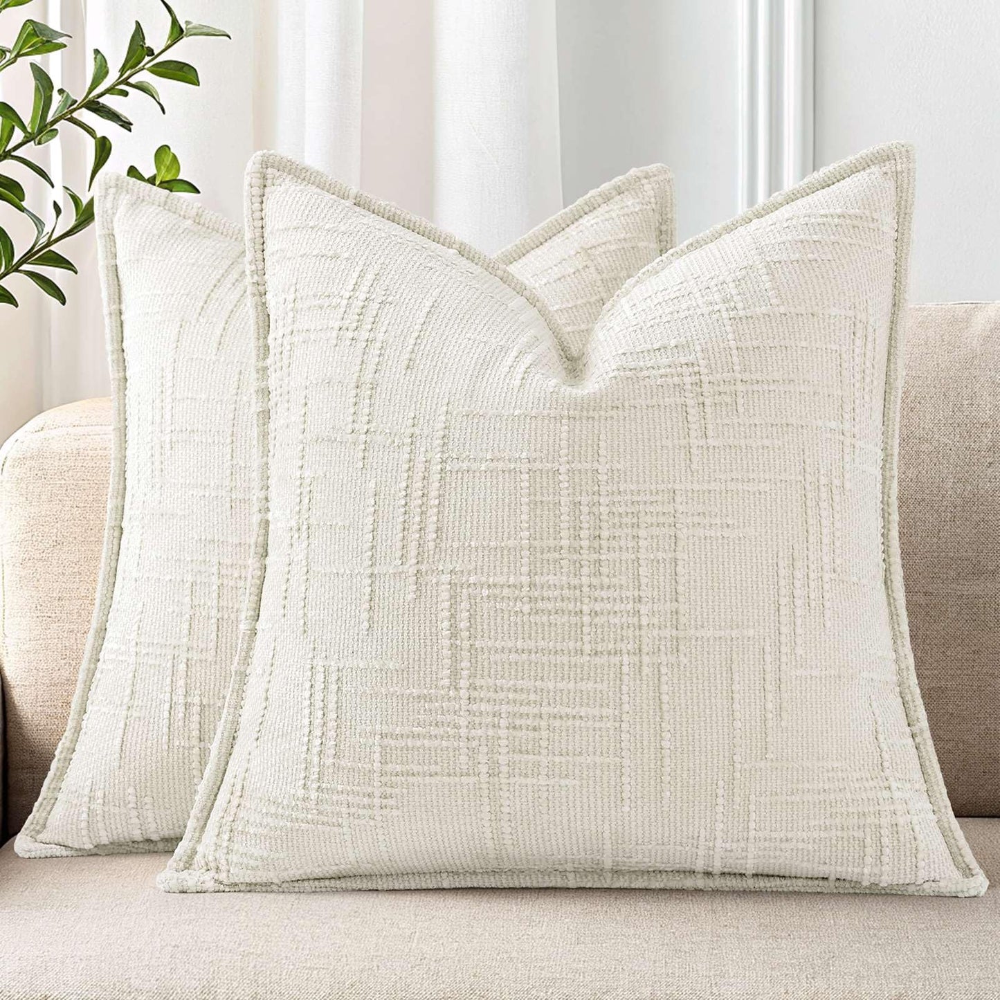 Chenille Throw Pillow Covers 18x18 Set of 2, Thick Textured Slubby Neutral Decorative Pillow Covers with Elegant Design for Couch, Sofa, Living Room, Cream White
