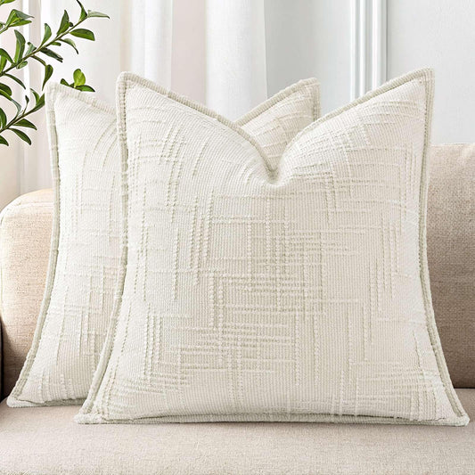Chenille Throw Pillow Covers 18x18 Set of 2, Thick Textured Slubby Neutral Decorative Pillow Covers with Elegant Design for Couch, Sofa, Living Room, Cream White