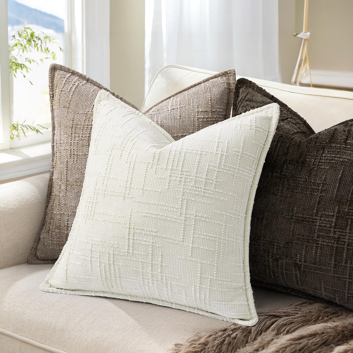 Chenille Throw Pillow Covers 18x18 Set of 2, Thick Textured Slubby Neutral Decorative Pillow Covers with Elegant Design for Couch, Sofa, Living Room, Cream White