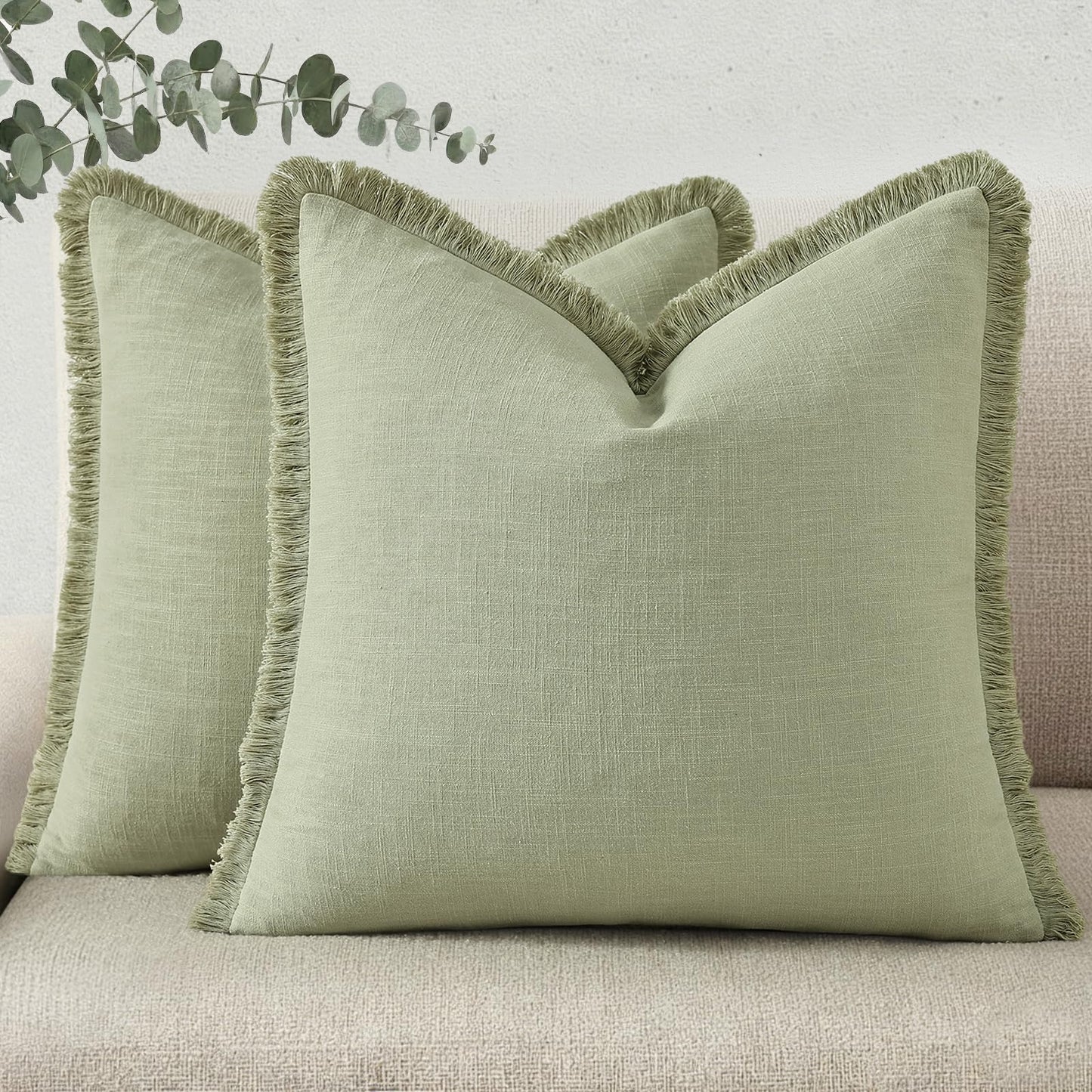 Summer Decorative Neutral Linen Fringe Throw Pillow Covers Set of 2 Sage Green Pillow Covers with Tassels Soft Farmhouse Boho Accent Pillow Cases for Couch Bed Sofa 18x18 Inch