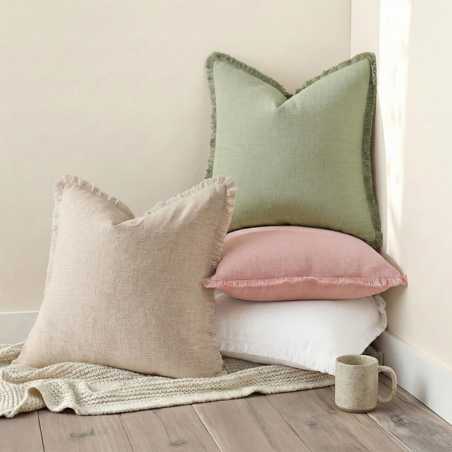 Summer Decorative Neutral Linen Fringe Throw Pillow Covers Set of 2 Sage Green Pillow Covers with Tassels Soft Farmhouse Boho Accent Pillow Cases for Couch Bed Sofa 18x18 Inch
