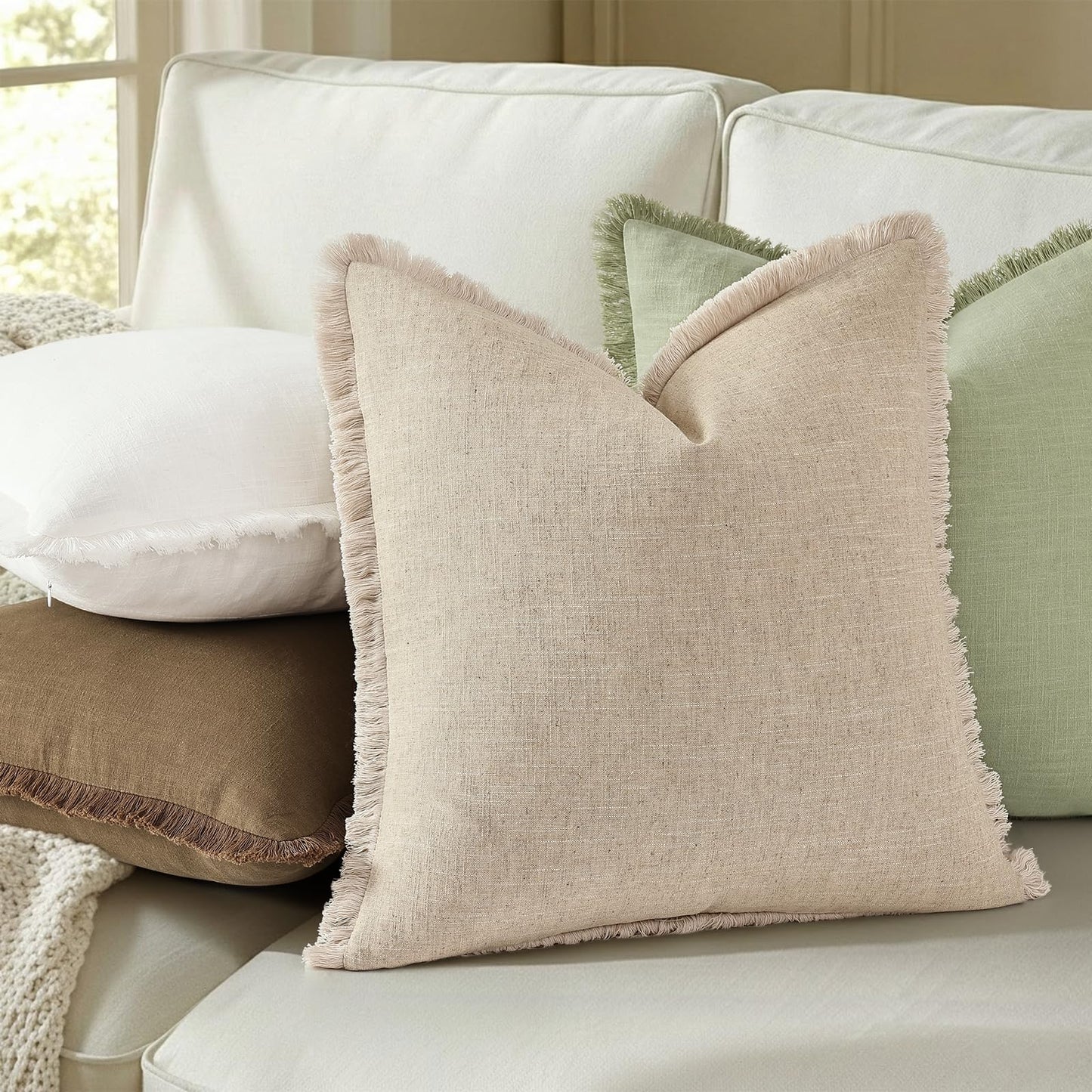 Summer Decorative Neutral Linen Fringe Throw Pillow Covers Set of 2 Sage Green Pillow Covers with Tassels Soft Farmhouse Boho Accent Pillow Cases for Couch Bed Sofa 18x18 Inch
