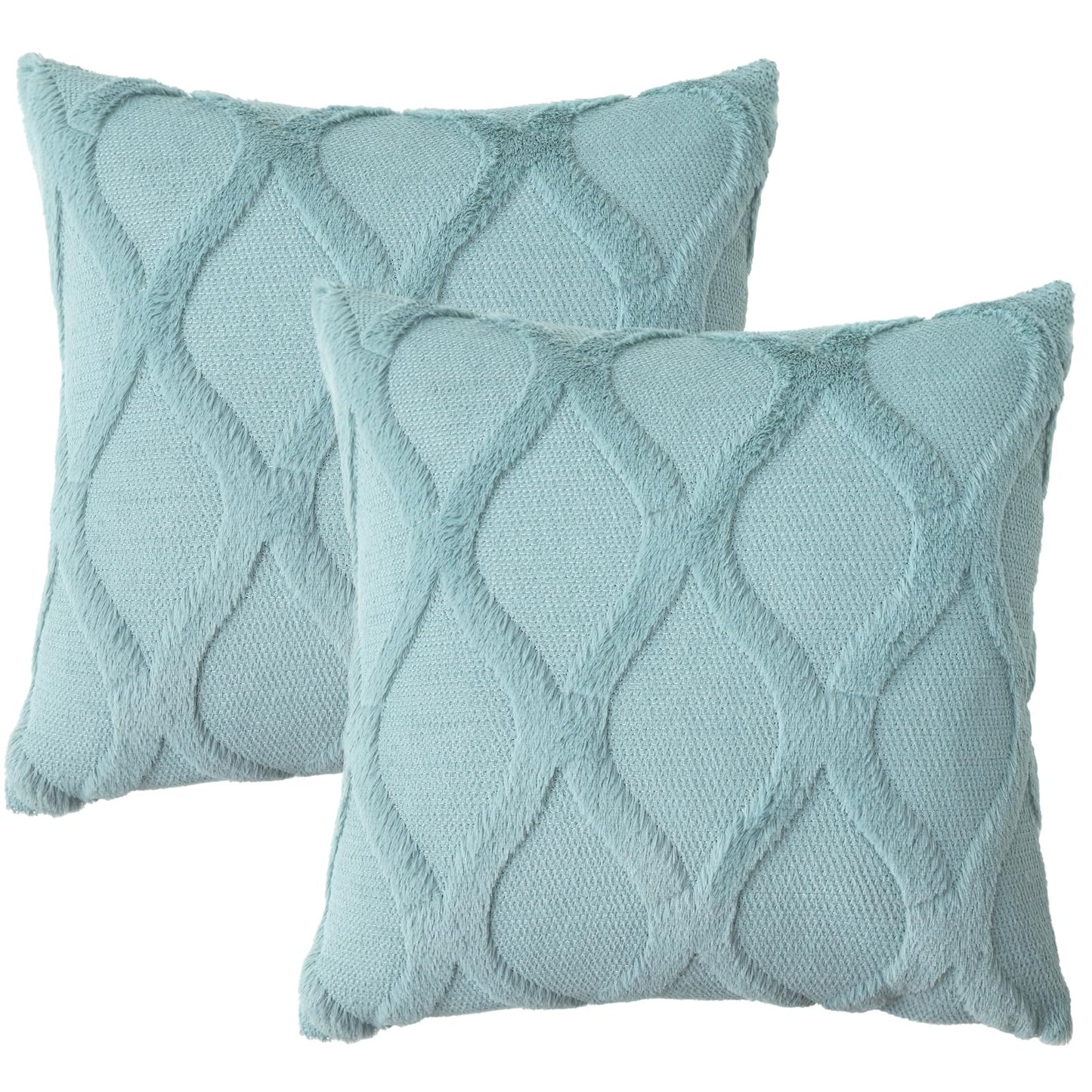 Summer Throw Pillow Covers 18x18 Inch Set of 2, Soft Plush Faux Fur Wool Aqua Accent Couch Pillow Covers for Modern Farmhouse Bed Sofa Living Room