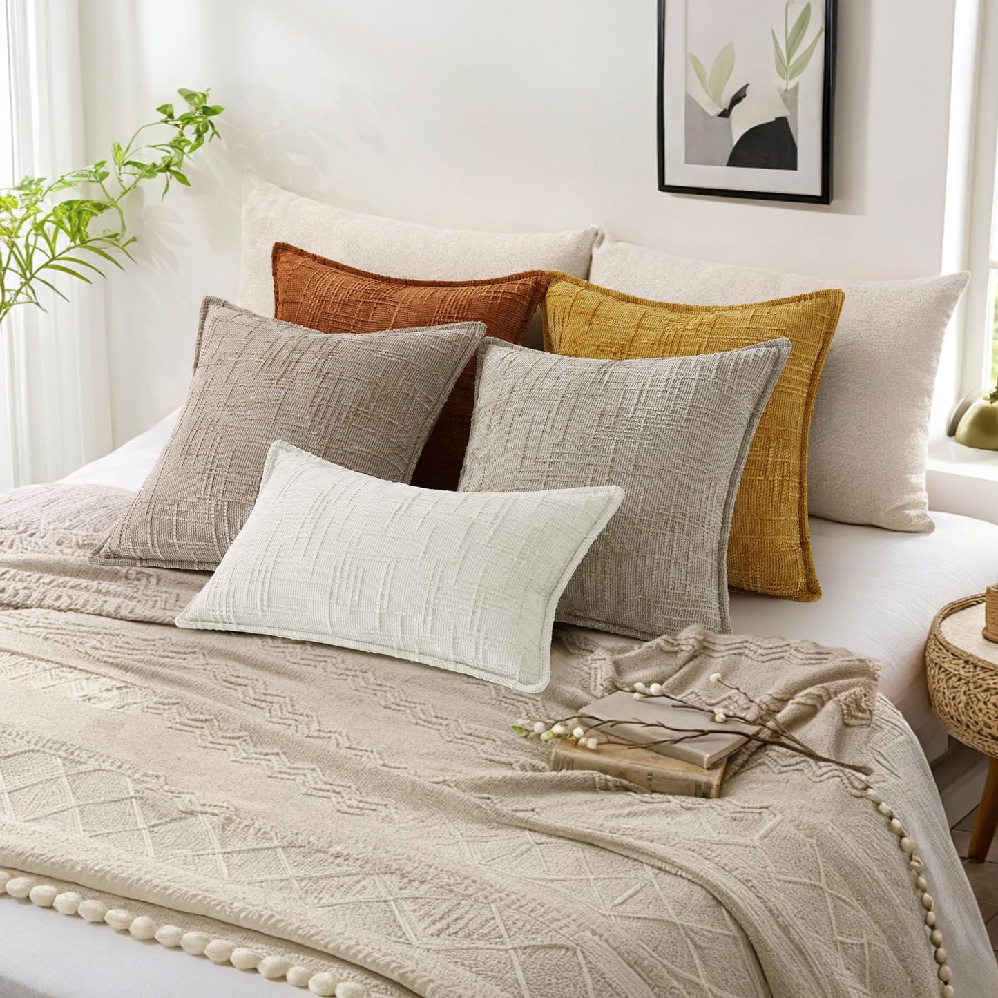 Chenille Throw Pillow Covers 18x18 Set of 2, Thick Textured Slubby Neutral Decorative Pillow Covers with Elegant Design for Couch, Sofa, Living Room, Cream White