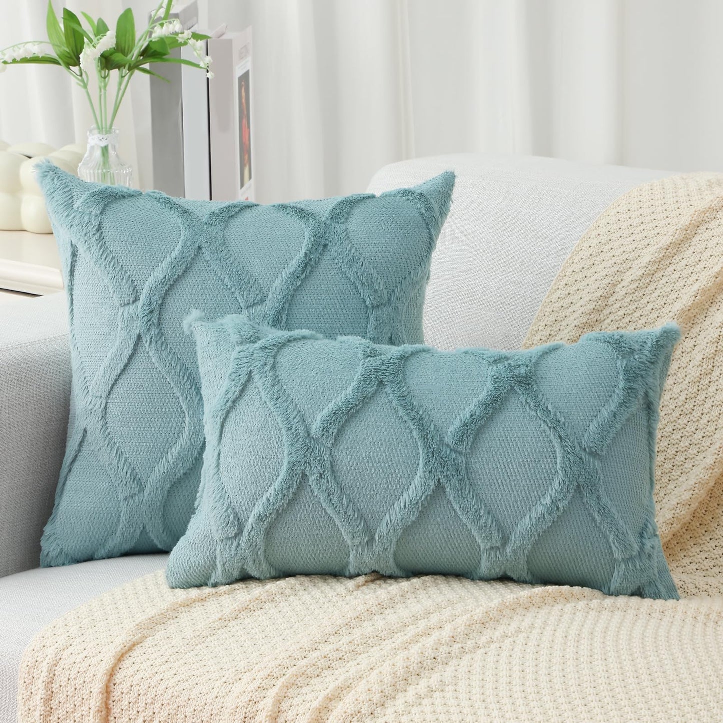 Summer Throw Pillow Covers 18x18 Inch Set of 2, Soft Plush Faux Fur Wool Aqua Accent Couch Pillow Covers for Modern Farmhouse Bed Sofa Living Room