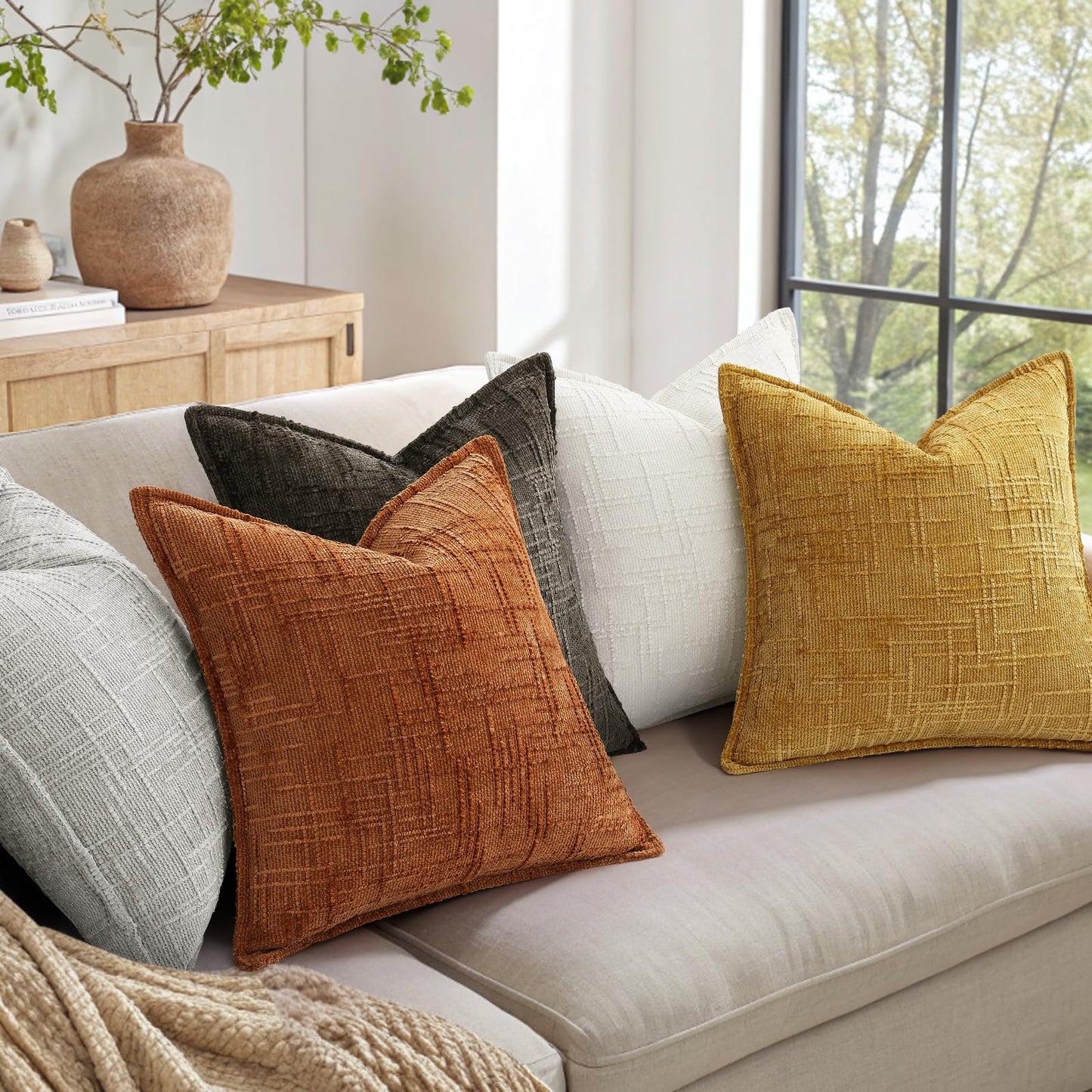 Chenille Throw Pillow Covers 18x18 Set of 2, Thick Textured Slubby Neutral Decorative Pillow Covers with Elegant Design for Couch, Sofa, Living Room, Cream White