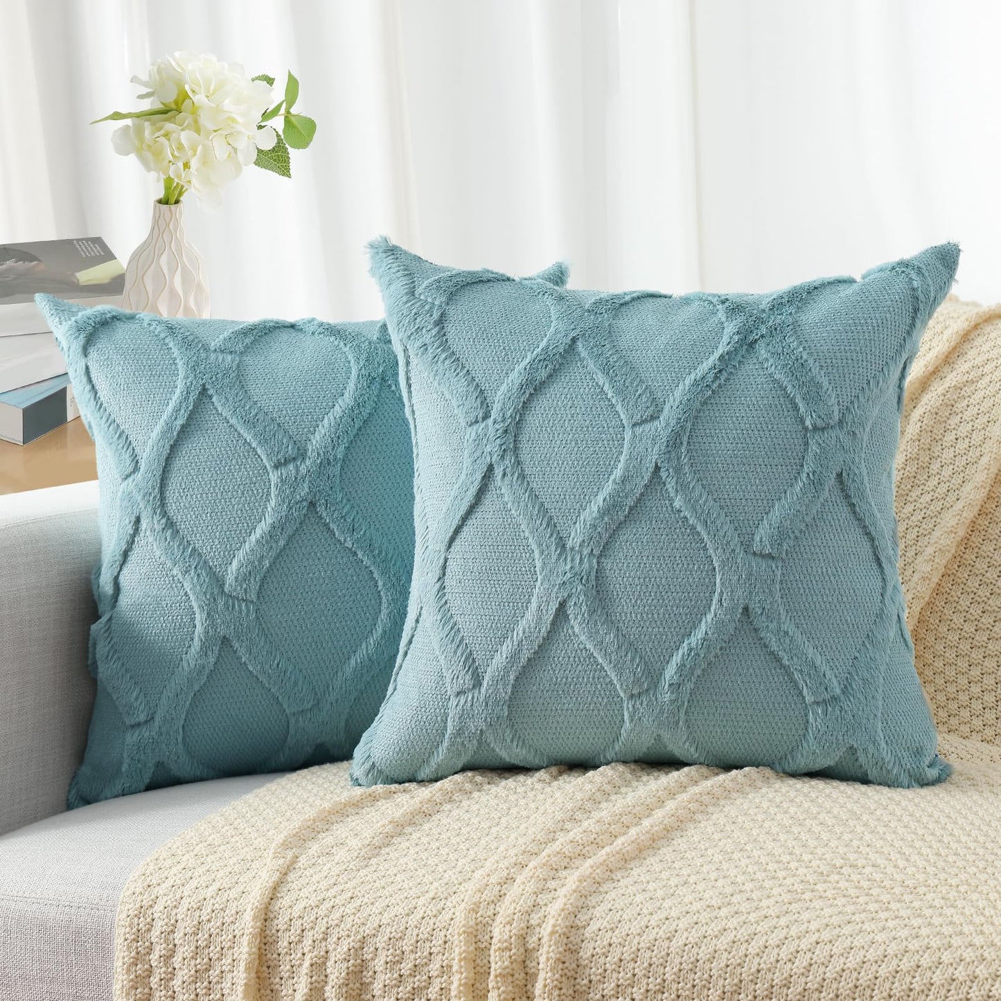 Summer Throw Pillow Covers 18x18 Inch Set of 2, Soft Plush Faux Fur Wool Aqua Accent Couch Pillow Covers for Modern Farmhouse Bed Sofa Living Room