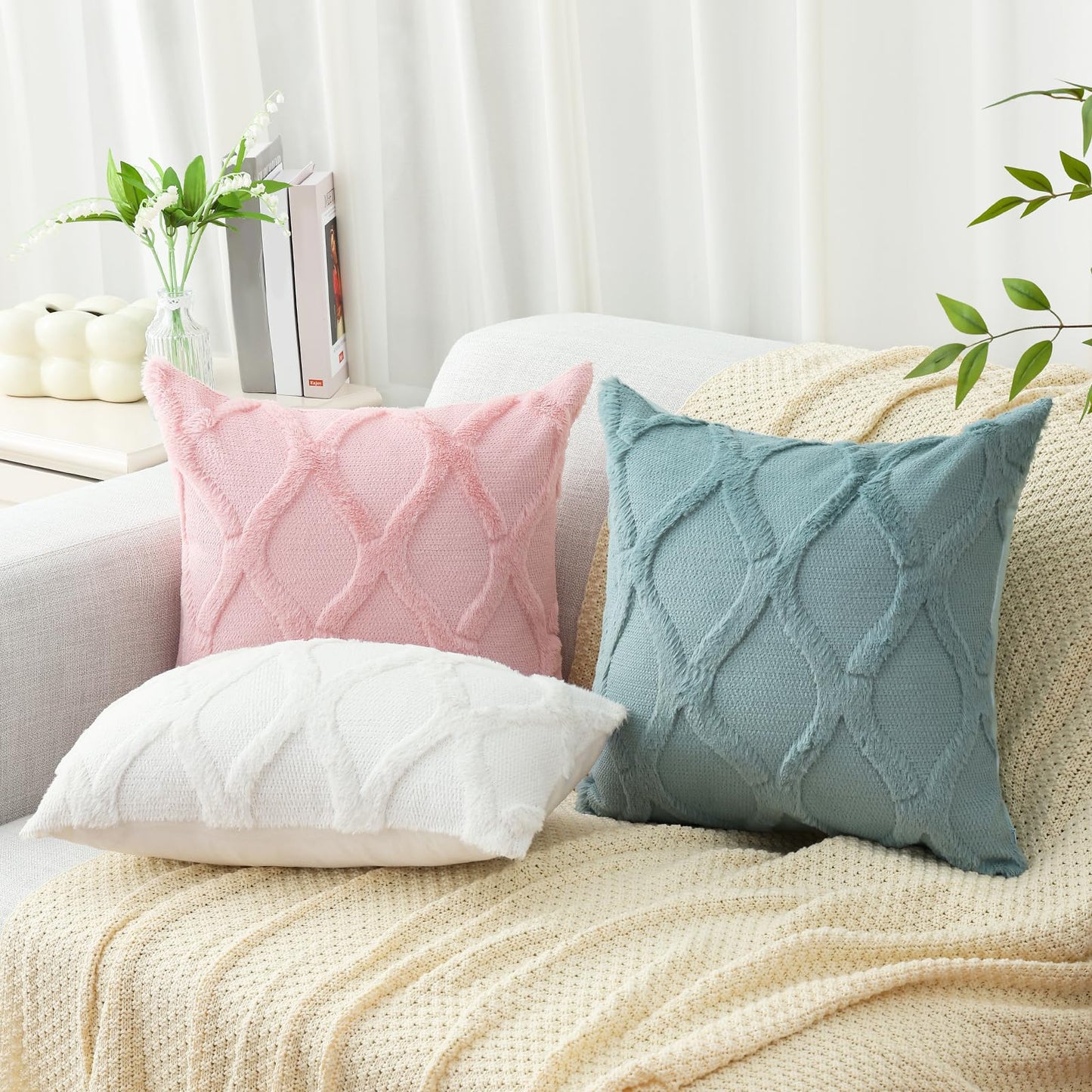Summer Throw Pillow Covers 18x18 Inch Set of 2, Soft Plush Faux Fur Wool Aqua Accent Couch Pillow Covers for Modern Farmhouse Bed Sofa Living Room