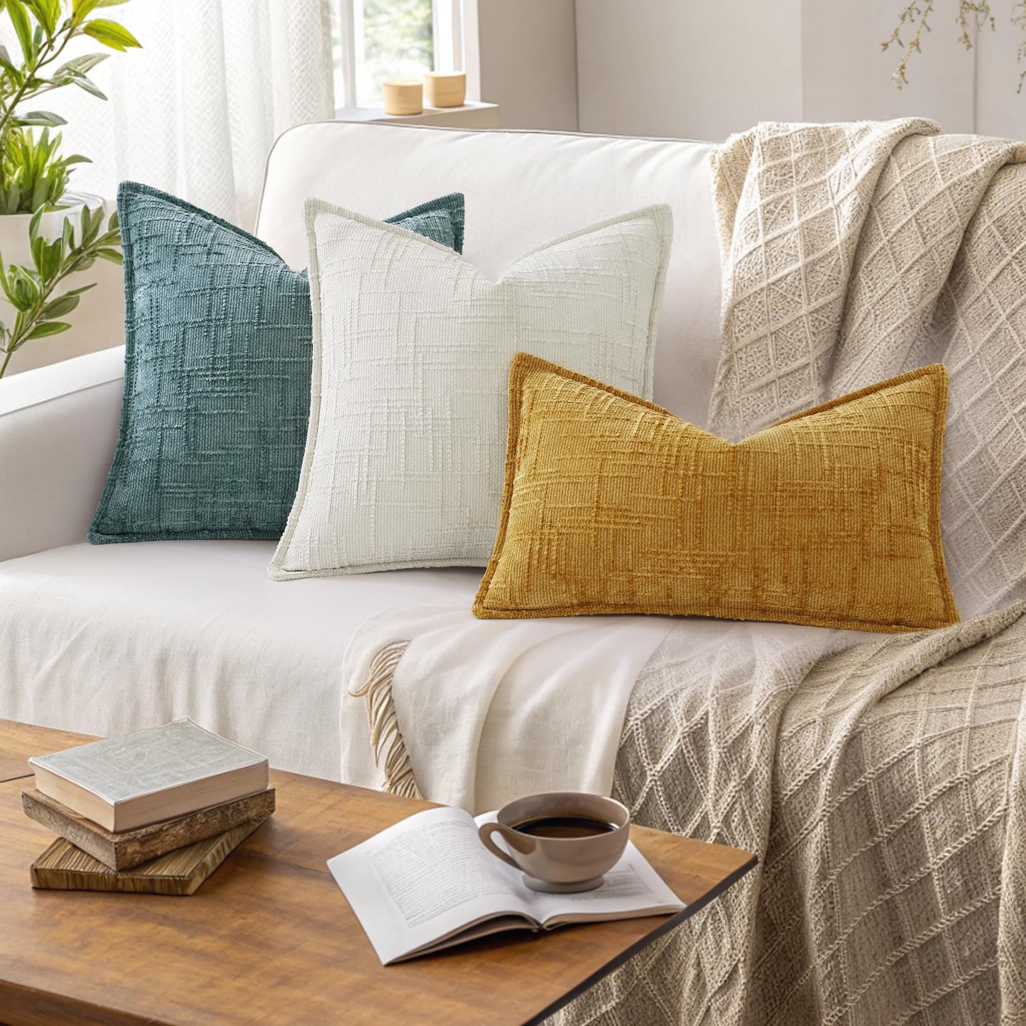 Chenille Throw Pillow Covers 18x18 Set of 2, Thick Textured Slubby Neutral Decorative Pillow Covers with Elegant Design for Couch, Sofa, Living Room, Cream White