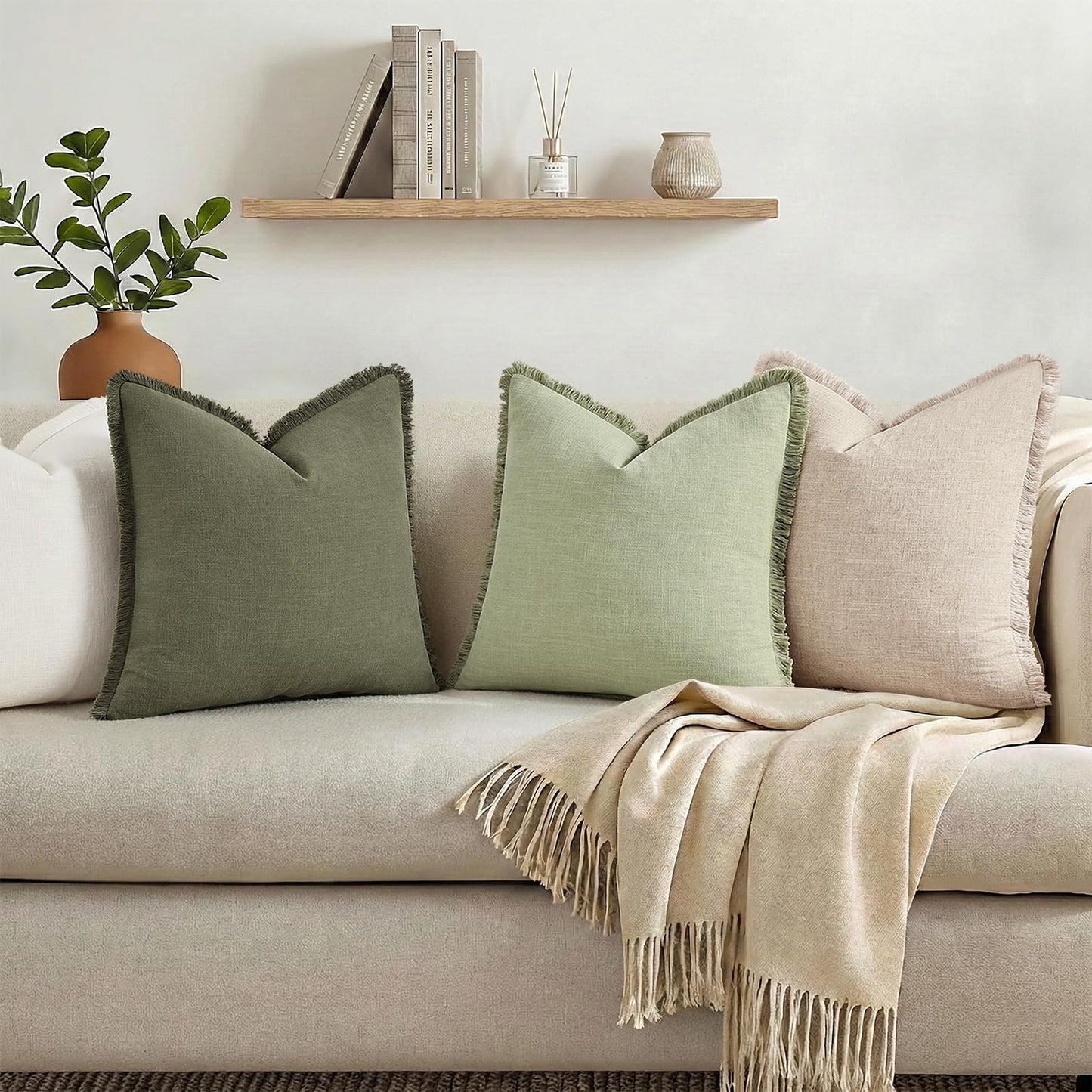 Summer Decorative Neutral Linen Fringe Throw Pillow Covers Set of 2 Sage Green Pillow Covers with Tassels Soft Farmhouse Boho Accent Pillow Cases for Couch Bed Sofa 18x18 Inch