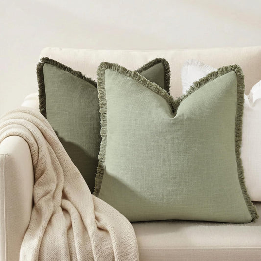 Summer Decorative Neutral Linen Fringe Throw Pillow Covers Set of 2 Sage Green Pillow Covers with Tassels Soft Farmhouse Boho Accent Pillow Cases for Couch Bed Sofa 18x18 Inch