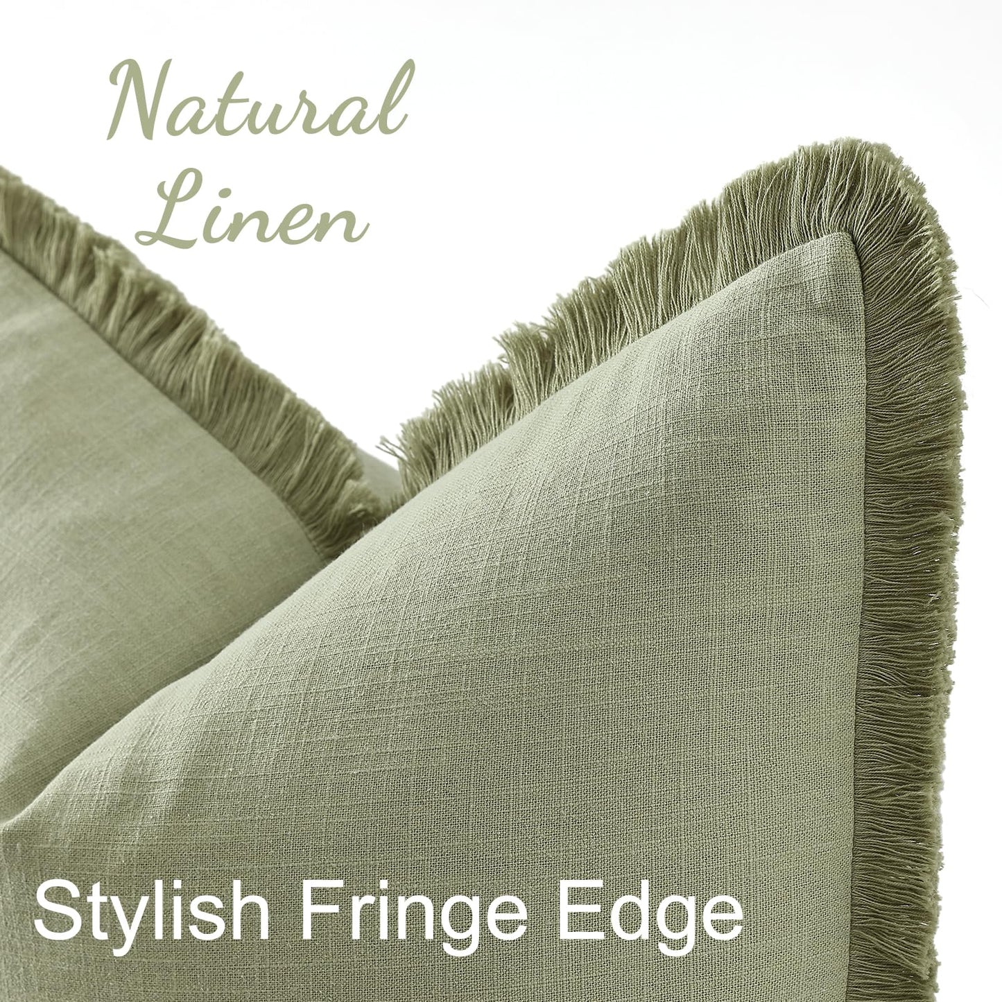 Summer Decorative Neutral Linen Fringe Throw Pillow Covers Set of 2 Sage Green Pillow Covers with Tassels Soft Farmhouse Boho Accent Pillow Cases for Couch Bed Sofa 18x18 Inch
