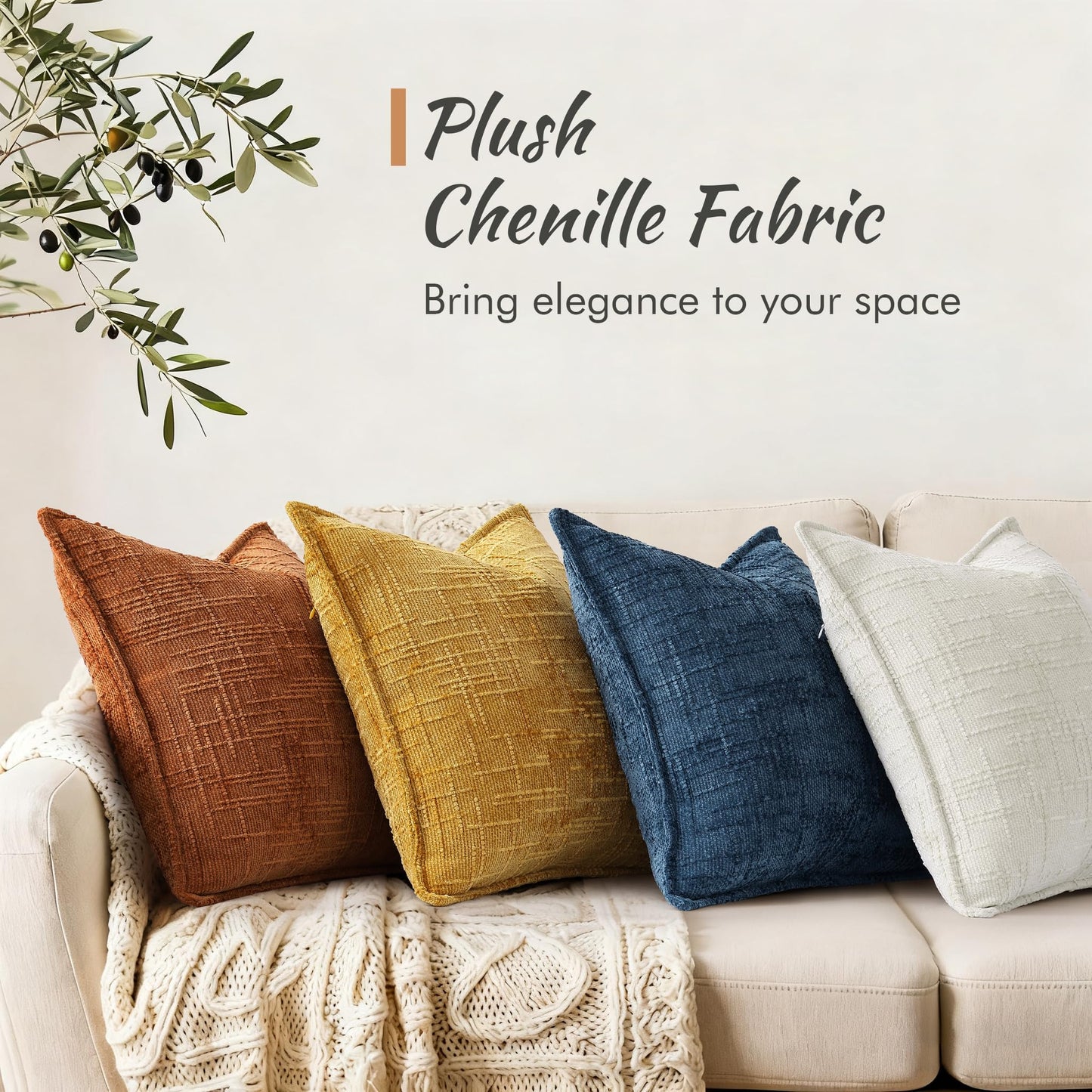 Chenille Throw Pillow Covers 18x18 Set of 2, Thick Textured Slubby Neutral Decorative Pillow Covers with Elegant Design for Couch, Sofa, Living Room, Cream White